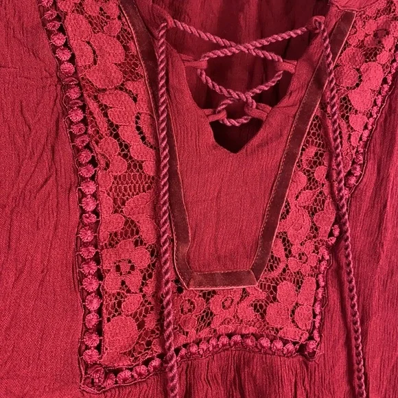 Artesia Boho Chic Peasant Blouse Red Lace trim lace up long sleeve shirt Medium - Picture 6 of 13